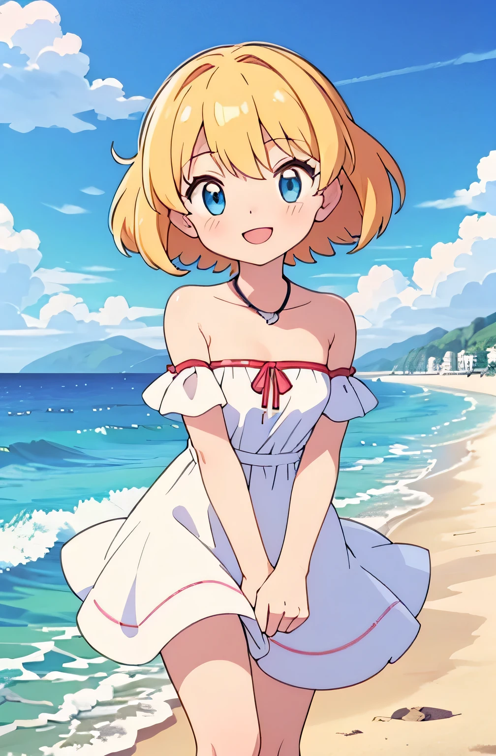 pokemovies, sugimori ken, ken sugimori ken \(style\), anime screencap, masterpiece, best quality, highres, outdoors, small breasts, 1 girl, Solo, Blue Eyes, Beautiful Detail Eyes, Blonde Medium Hair, Short Hair, Bangs, Good hands are down, Smile, Blushing, Bare Neck, Bare Shoulders, strapless, White Ruffle Off-the-Shoulder maxi dress. Cowboy shot. A landscape of the beach, sea, blue skies, sand beach. In the center. Walking on the beach with bare feets. Far from the bottom, looking at viewers