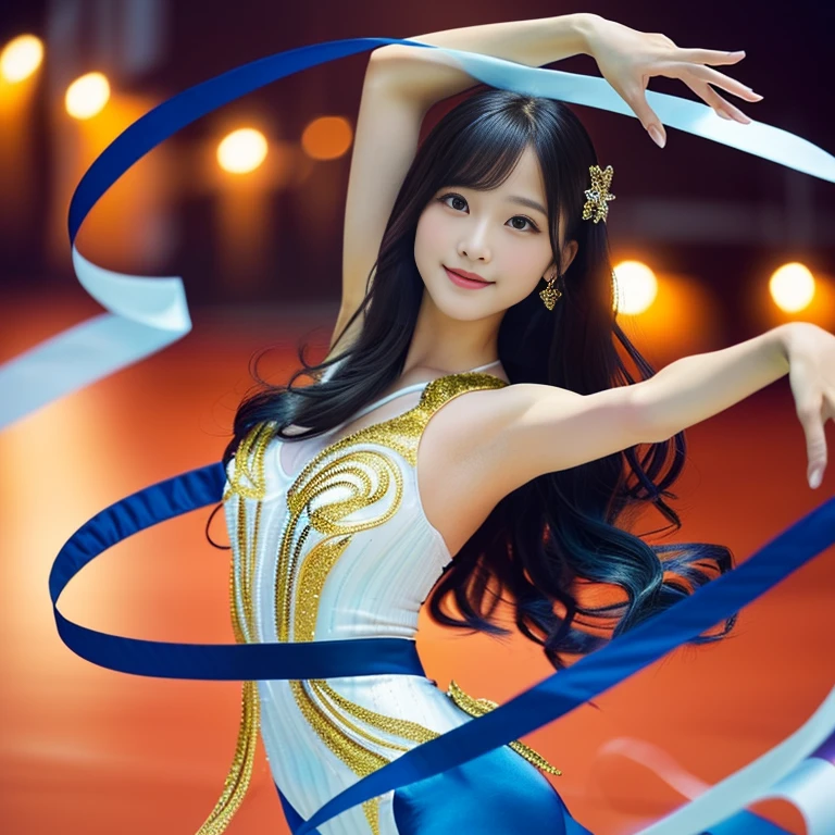 Photo-realistic quality、A 20-year-old idol wearing a rhythmic gymnastics leotard,Elegant girl, Rhythmic gymnastics ribbon performance pose, Rotations and Curves, cute japanese model、looking at the camera、A soft and gentle look、Cute Smile