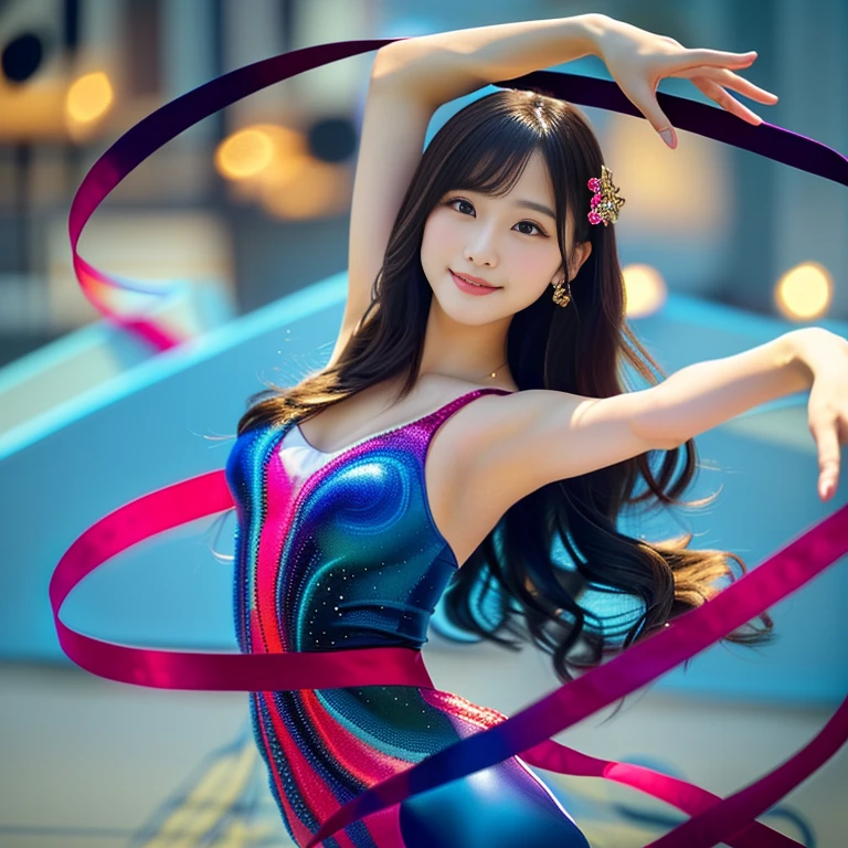 Photo-realistic quality、Japanese idol in a leotard performing rhythmic gymnastics ribbon routine, White ribbon、Beautiful Japanese Model、An elegant and neat girl,  Dance with grace, Detailed and beautiful eyes、Cute smile、A soft and gentle look