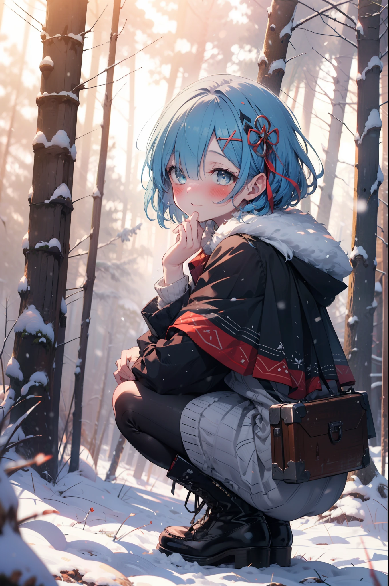 rezeroRem, Rem, blue eyes, Blue Hair, hair ornaments, Hair in one eye, Hair Ribbon, short hair, x hair ornaments,smile,blush,White Breath,
Open your mouth,snow,Ground bonfire, Outdoor, boots, snowing, From the side, wood, suitcase, Cape, Blurred, forest, White handbag, nature,  Squat, Mouth closed, Cape, winter, Written boundary depth, Black shoes, red Cape break looking at viewer, Upper Body, whole body, break Outdoor, forest, nature, break (masterpiece:1.2), highest quality, High resolution, unity 8k wallpaper, (shape:0.8), (Beautiful and beautiful eyes:1.6), Highly detailed face, Perfect lighting, Extremely detailed CG, (Perfect hands, Perfect Anatomy),