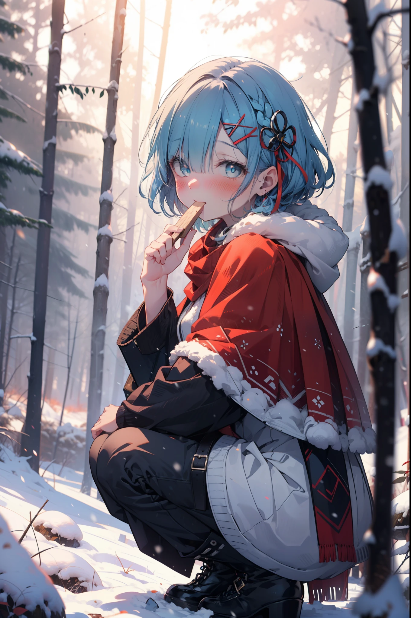 rezeroRem, Rem, blue eyes, Blue Hair, hair ornaments, Hair in one eye, Hair Ribbon, short hair, x hair ornaments,smile,blush,White Breath,
Open your mouth,snow,Ground bonfire, Outdoor, boots, snowing, From the side, wood, suitcase, Cape, Blurred, forest, White handbag, nature,  Squat, Mouth closed, Cape, winter, Written boundary depth, Black shoes, red Cape break looking at viewer, Upper Body, whole body, break Outdoor, forest, nature, break (masterpiece:1.2), highest quality, High resolution, unity 8k wallpaper, (shape:0.8), (Beautiful and beautiful eyes:1.6), Highly detailed face, Perfect lighting, Extremely detailed CG, (Perfect hands, Perfect Anatomy),