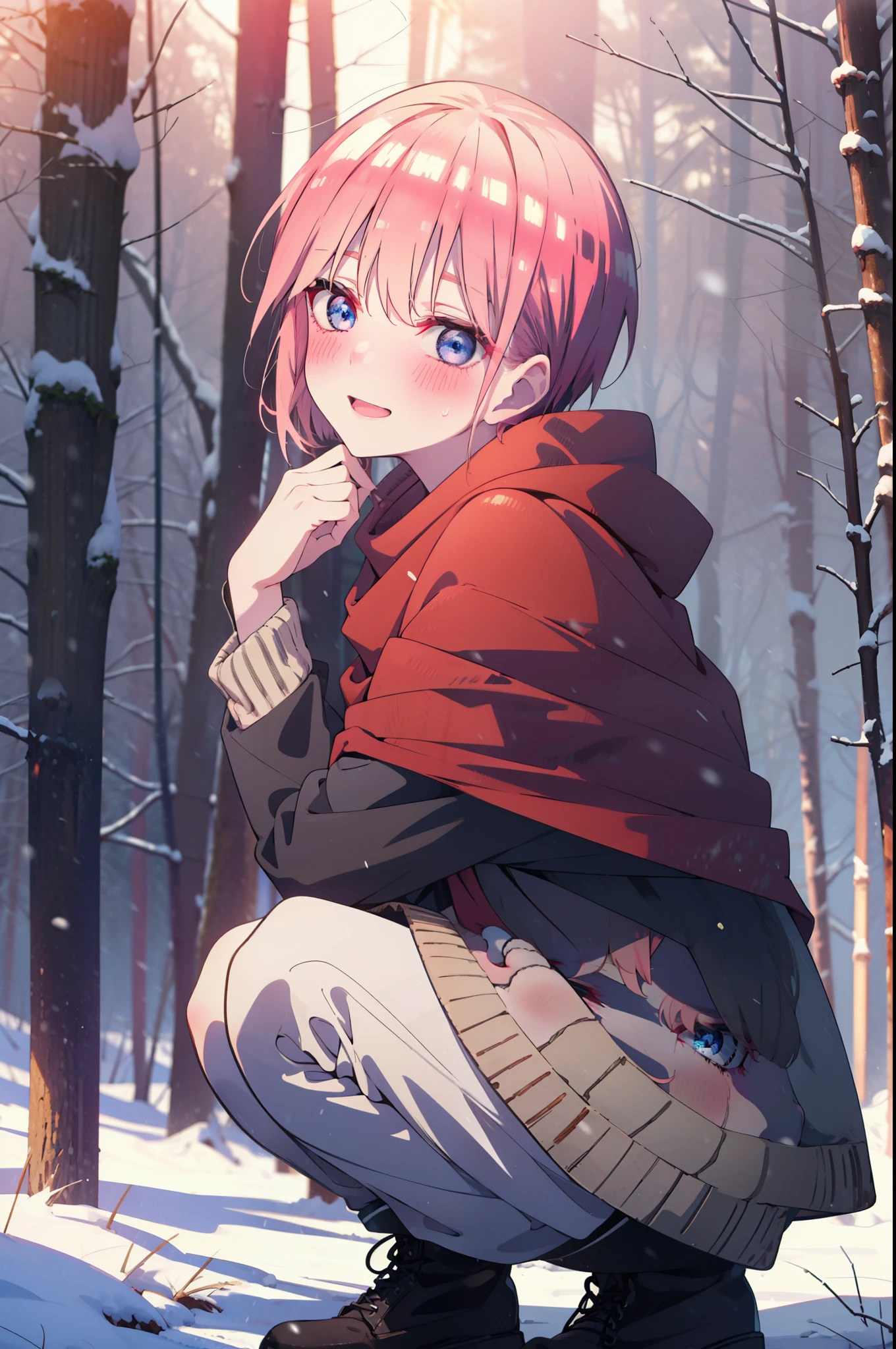 ichikanakano, ichika nakano, short hair, bangs, blue eyes, Hair between the eyes, smile,Pink Hair,smile,blush,White Breath,
Open your mouth,snow,Ground bonfire, Outdoor, boots, snowing, From the side, wood, suitcase, Cape, Blurred, Increase your meals, forest, White handbag, nature,  Squat, Mouth closed, フードed Cape, winter, Written boundary depth, Black shoes, red Cape break looking at viewer, Upper Body, whole body, break Outdoor, forest, nature, break (masterpiece:1.2), highest quality, High resolution, unity 8k wallpaper, (shape:0.8), (Beautiful and beautiful eyes:1.6), Highly detailed face, Perfect lighting, Highly detailed CG, (Perfect hands, Perfect Anatomy),