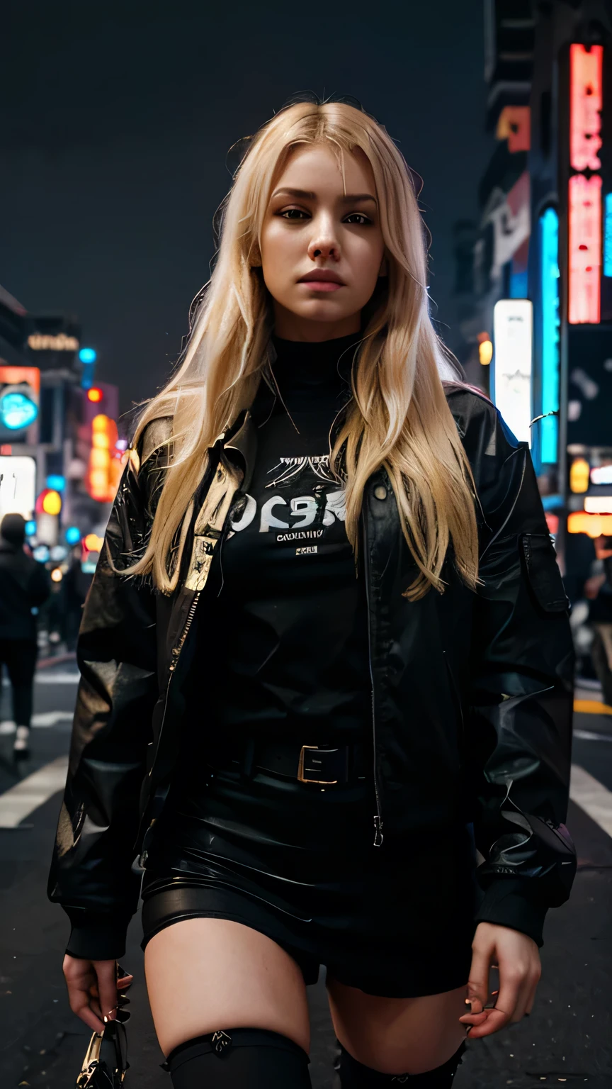 White woman, hyper realistic, black clothes, blonde hair in a cyberpunk setting