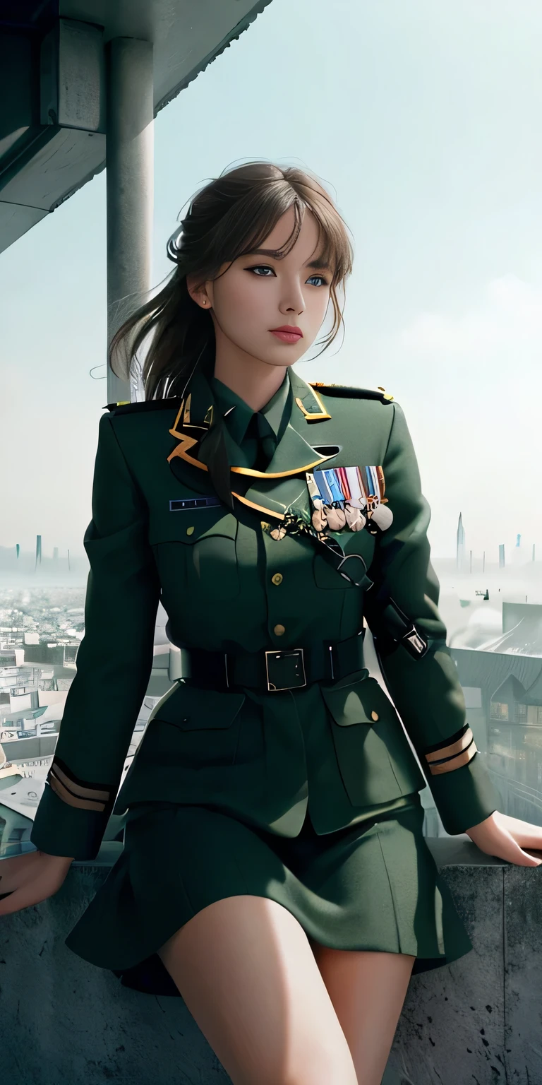 Modest outfit, remote shot, detailed beautiful delicate face, detailed beautiful delicate eyes, perfect facial proportions, high-definition skin, fine skin, four-inch best ratio. With one thumb, a masterpiece, highly detailed, realistic, (World War II German general uniform reference : 1.8), the highest face resolution, adult, modestly dressed woman, dressed entirely, ( small, black hair, black straight bangs, super fine braids, straight bangs, red glasses, dark green eyes), future, science fiction, fighter plane, standing On the landing of a fighter plane, the government agency, a deep intelligent personality, a calm expression, a respectful face, a war, a fighter plane