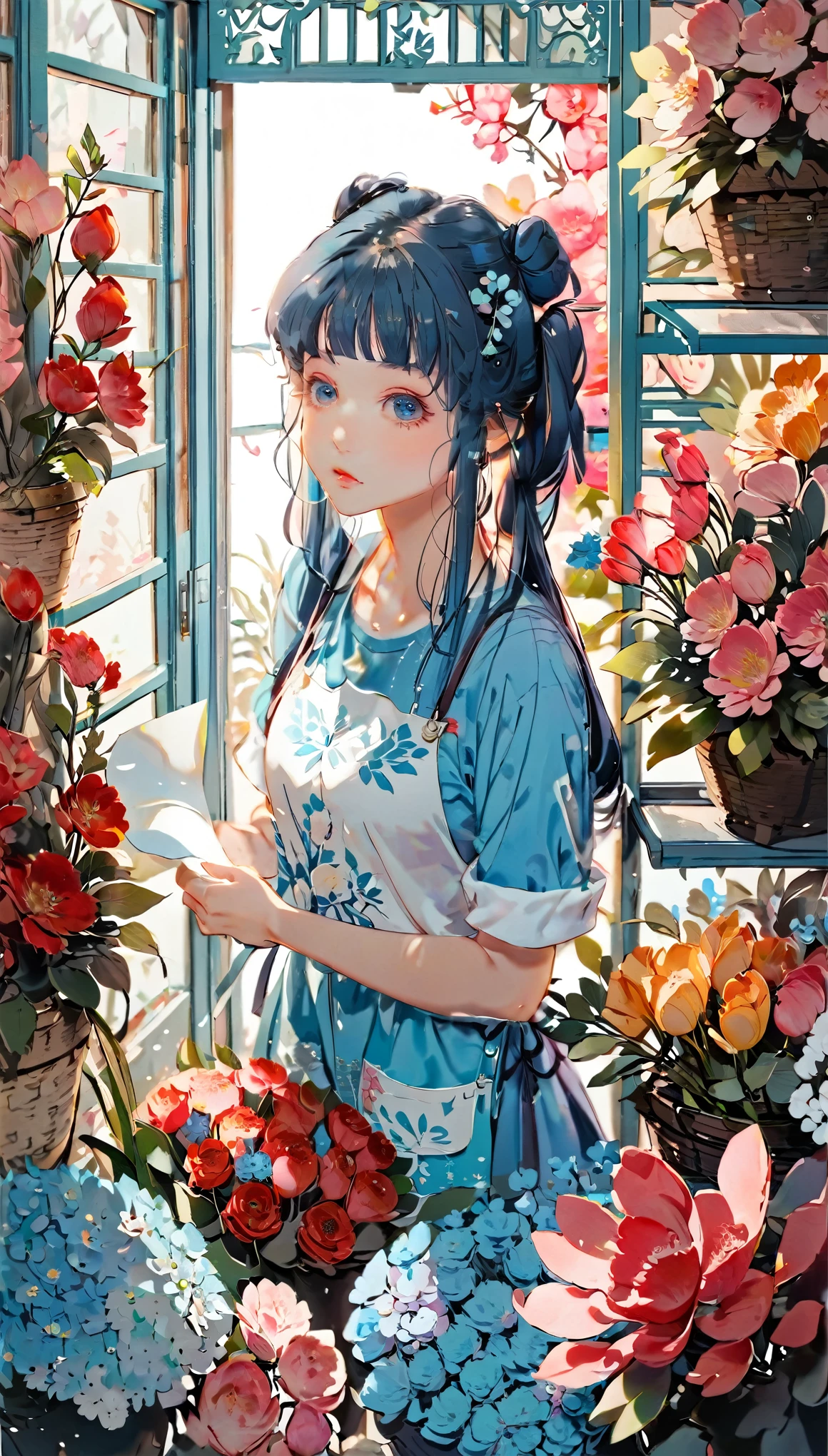 (((paper cutting style))), 1 girl, blue long medium hair, twin tail, check shirts, flower shop, portfolio from above
