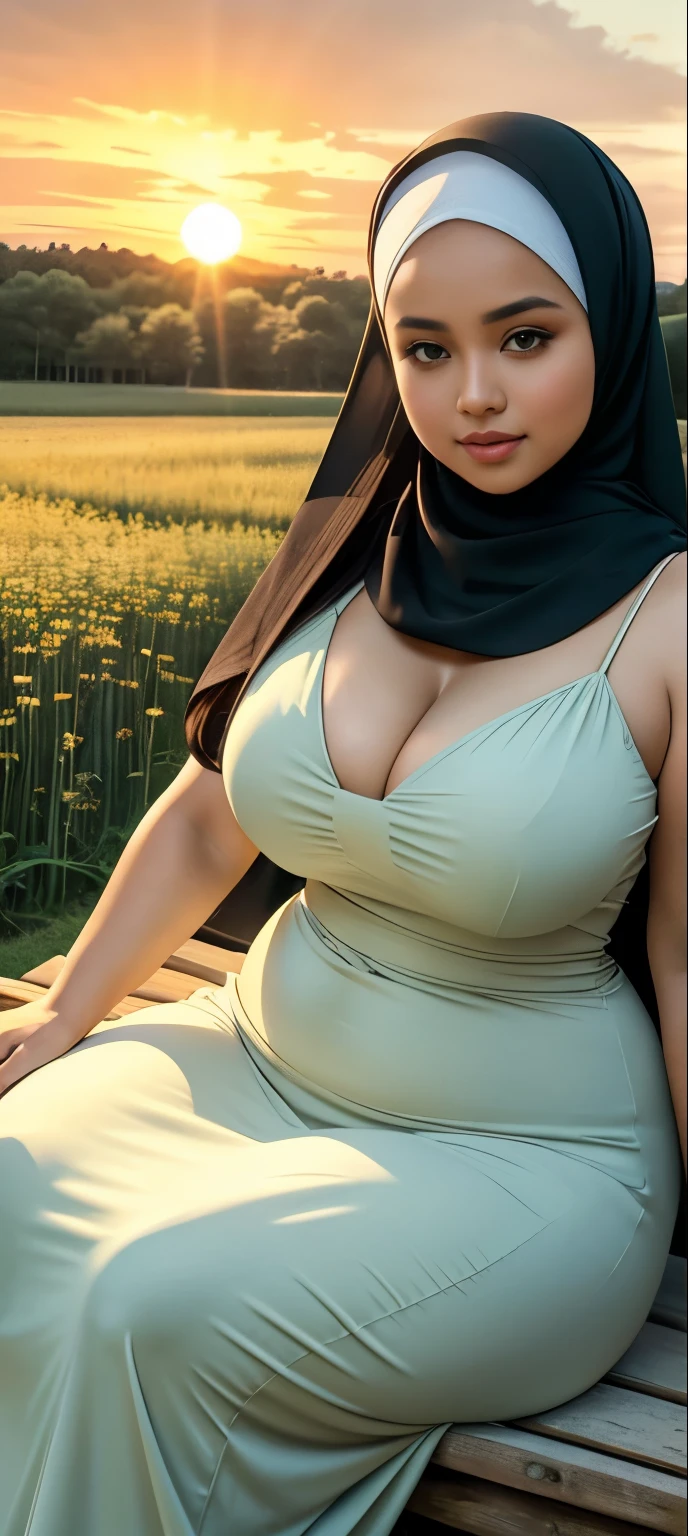 ( Close Up),RAW, Best quality, high resolution, works: 1.3), Beautiful Malay woman in hijab, Masterpiece, fit body, big breasts, beautiful big eyes, Soft smile, beautiful face, woman sitting at a table in a green meadow, traditional beauty, moment sunset, in the field, in the countryside, beautiful woman, with the sunset, wearing a soft long dress, muslim,, hijab, beautiful woman, with a beautiful appearance, a very beautiful masterpiece, a masterpiece of art, good lighting, Bright colors, Clean lines, chubby body, wide chubby hips, chubby arm, chubby massive thighs , massive cleavage , massive armpits , white armpits , armpit hair , extra cleavage, full body , milky white skin 