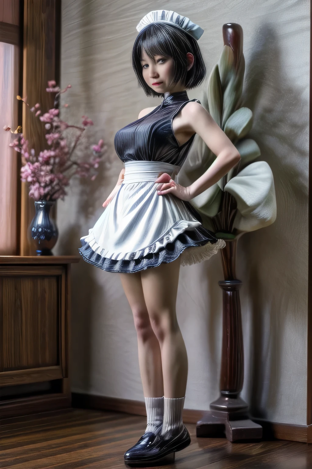 japanese milf wearing Maid Outfit, middle skirt , sleeveless tops, standing, full body shot