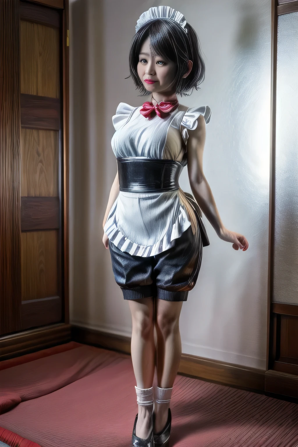 japanese milf wearing Maid Outfit, micro pants, sleeveless tops, standing, full body shot