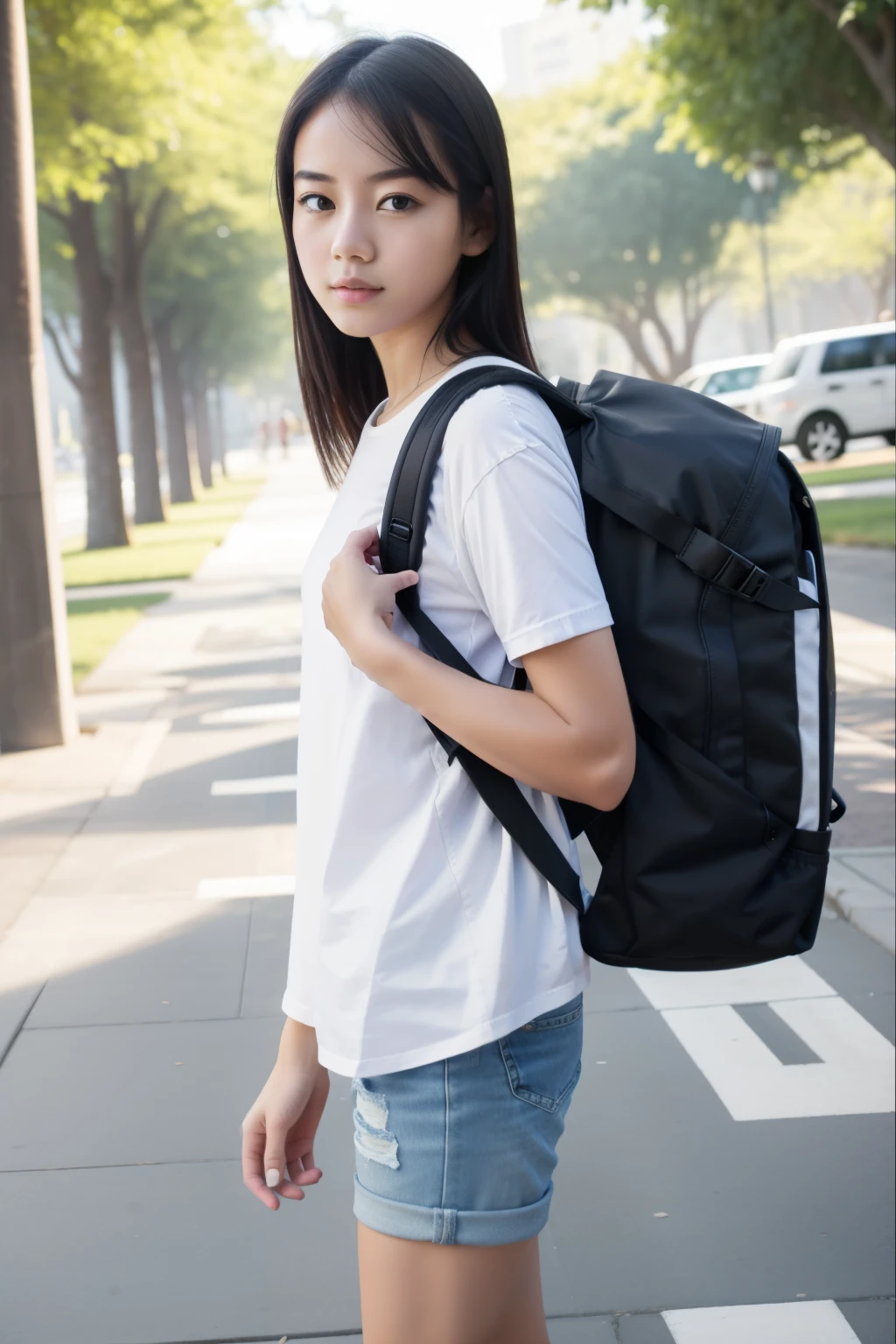 Masterpiece, realistic, hd, 1 girl, wear white shirt, short sleeves, wear denim minipants, wear sneakers, standing, fullbody, wearing travel backpack, black color backpack (backpack:1.2), daytime, sunlight, park