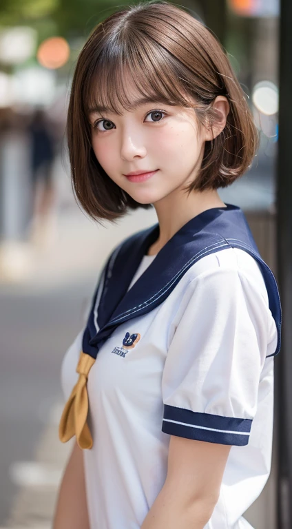 (highest quality,8K quality,masterpiece:1.3,),(超A high resolution:1.3,Realistic:1.4,RAW Photos:1.2),(Super detailed:1.2,Glowing Skin,Detailed skin:1.1),(Detailed face,Perfect Anatomy,Caustics:1.2), (Symmetrical eyes:1.3),1 girl,cute,Japanese,15 years old,(Sailor suit summer uniform)、(skip)、Japanese Ido,Natural brown hair,Short hair curled outwards,cute目,Natural Makeup,Oversized T-shirt,Laughter,Looking into the camera,On the face,Face Focus,Street Corner,Professional Writing,Natural soft light,