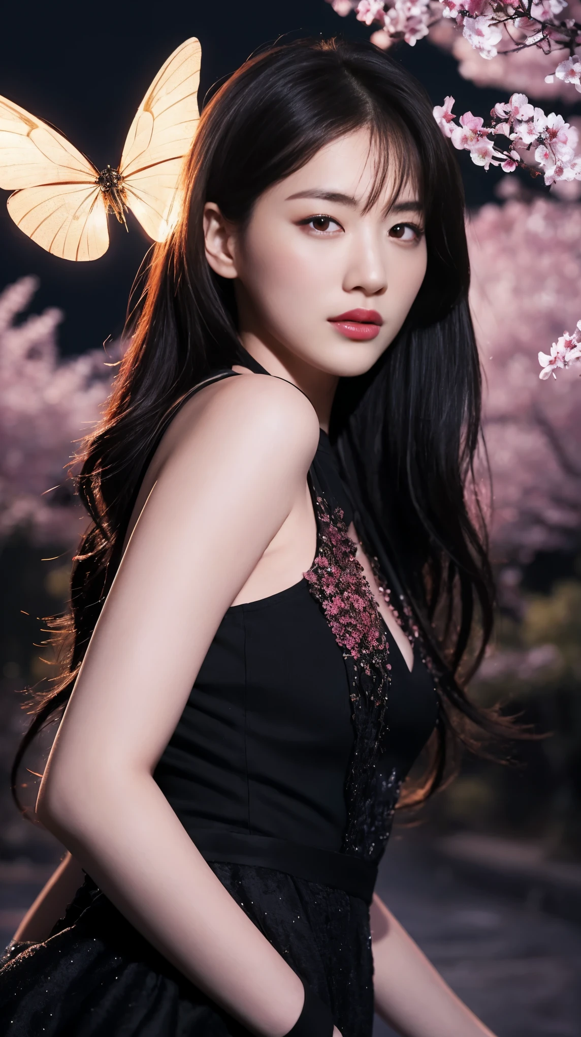 masterpiece, 最high quality, night, Mountain, full moon, Long black hair, woman, fire Fly, performer, Mysterious cherry tree, Pink leaves, high quality, Beautiful graphics, High detail