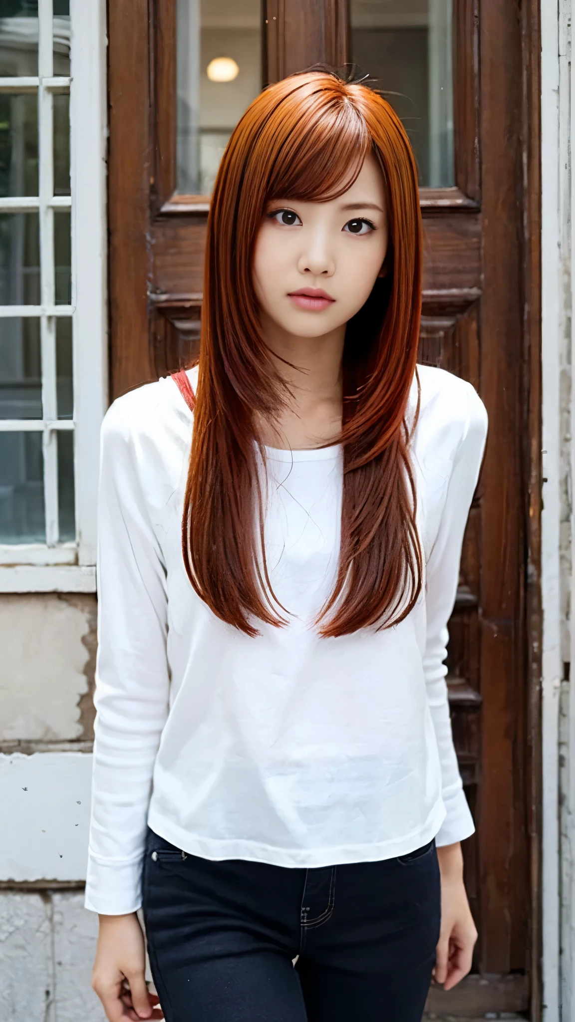 (((One girl))), ((((alone)))), ((Messy hairstyle)), Stand and take a photo, (((Reddish yellow hair)), Red eyes, Soft blouse