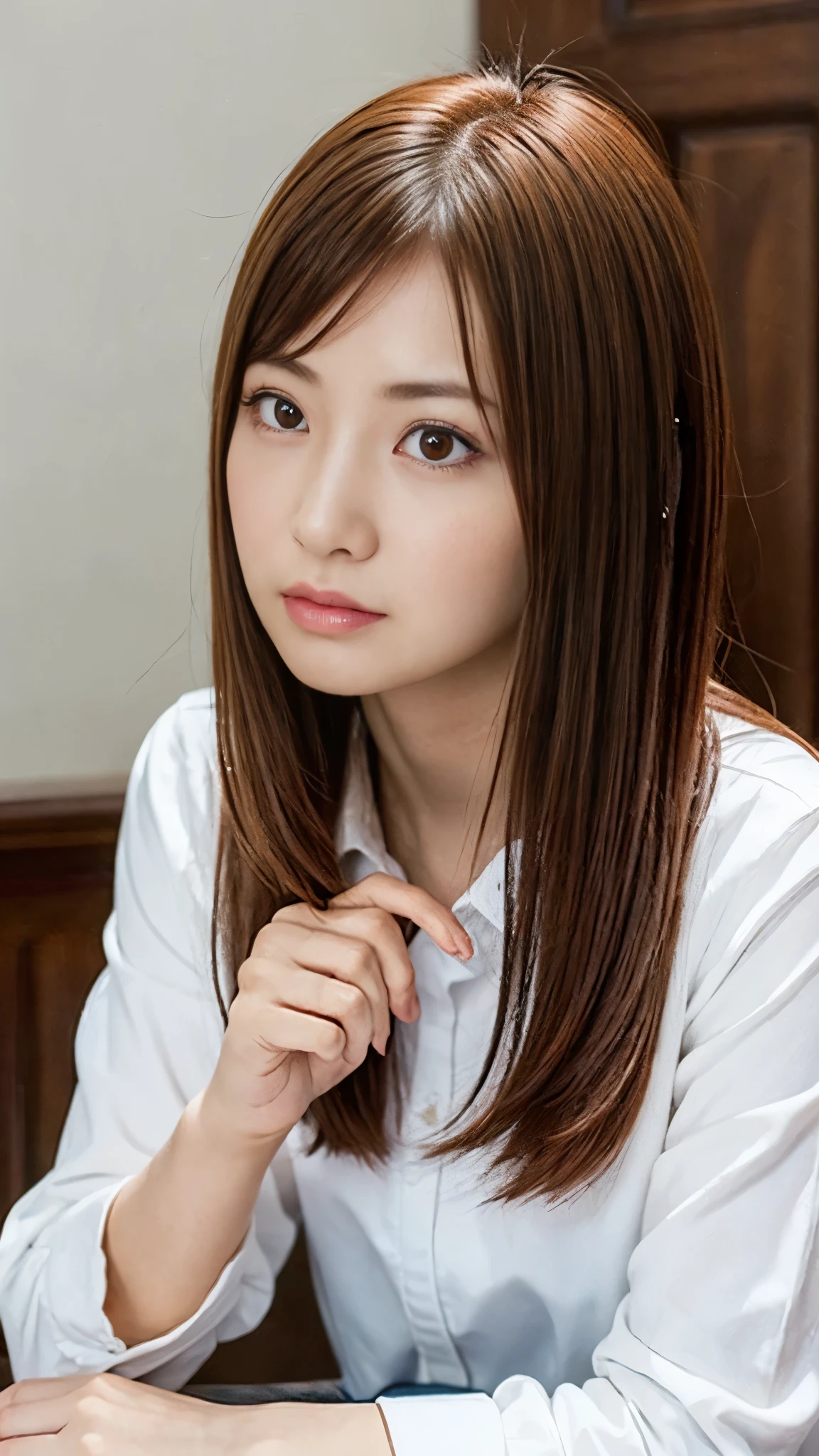 (((One girl))), ((((alone)))), ((Messy hairstyle)), Stand and take a photo, (((Reddish yellow hair)), Red eyes, Soft blouse