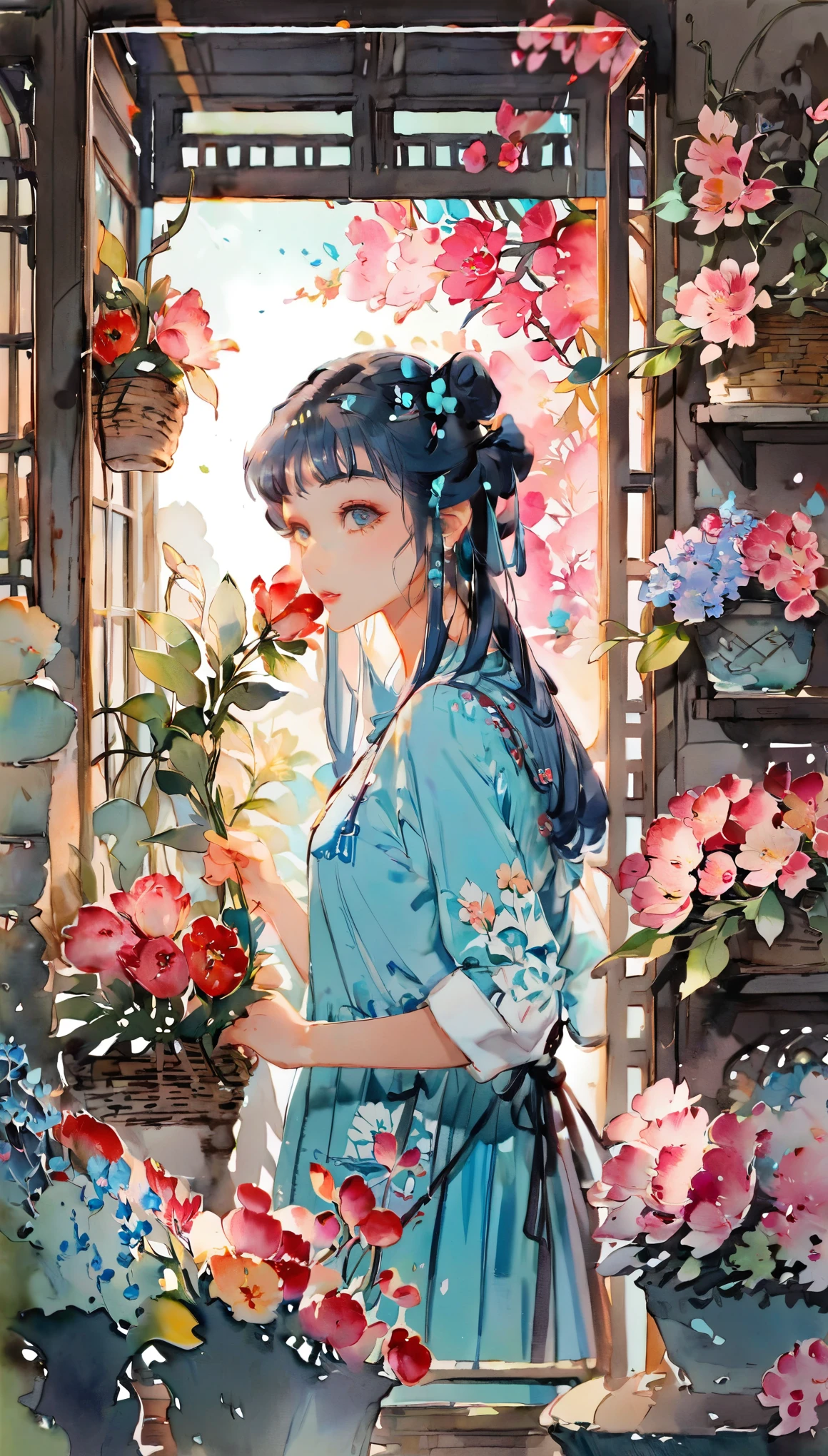 (((paper cutting style))), 1 girl, blue long medium hair, twin tail, check shirts, flower shop, portfolio from side