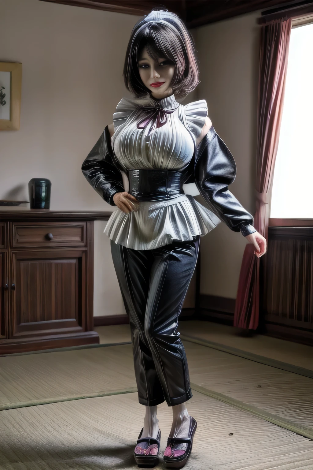 japanese milf wearing Maid Outfit, pants, long sleeve tops, standing, full body shot