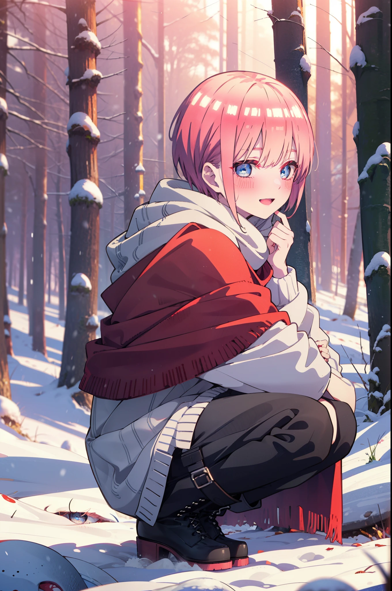 ichikanakano, ichika nakano, short hair, bangs, blue eyes, Hair between the eyes, smile,Pink Hair,smile,blush,White Breath,
Open your mouth,snow,Ground bonfire, Outdoor, boots, snowing, From the side, wood, suitcase, Cape, Blurred, Increase your meals, forest, White handbag, nature,  Squat, Mouth closed, フードed Cape, winter, Written boundary depth, Black shoes, red Cape break looking at viewer, Upper Body, whole body, break Outdoor, forest, nature, break (masterpiece:1.2), highest quality, High resolution, unity 8k wallpaper, (shape:0.8), (Beautiful and beautiful eyes:1.6), Highly detailed face, Perfect lighting, Highly detailed CG, (Perfect hands, Perfect Anatomy),