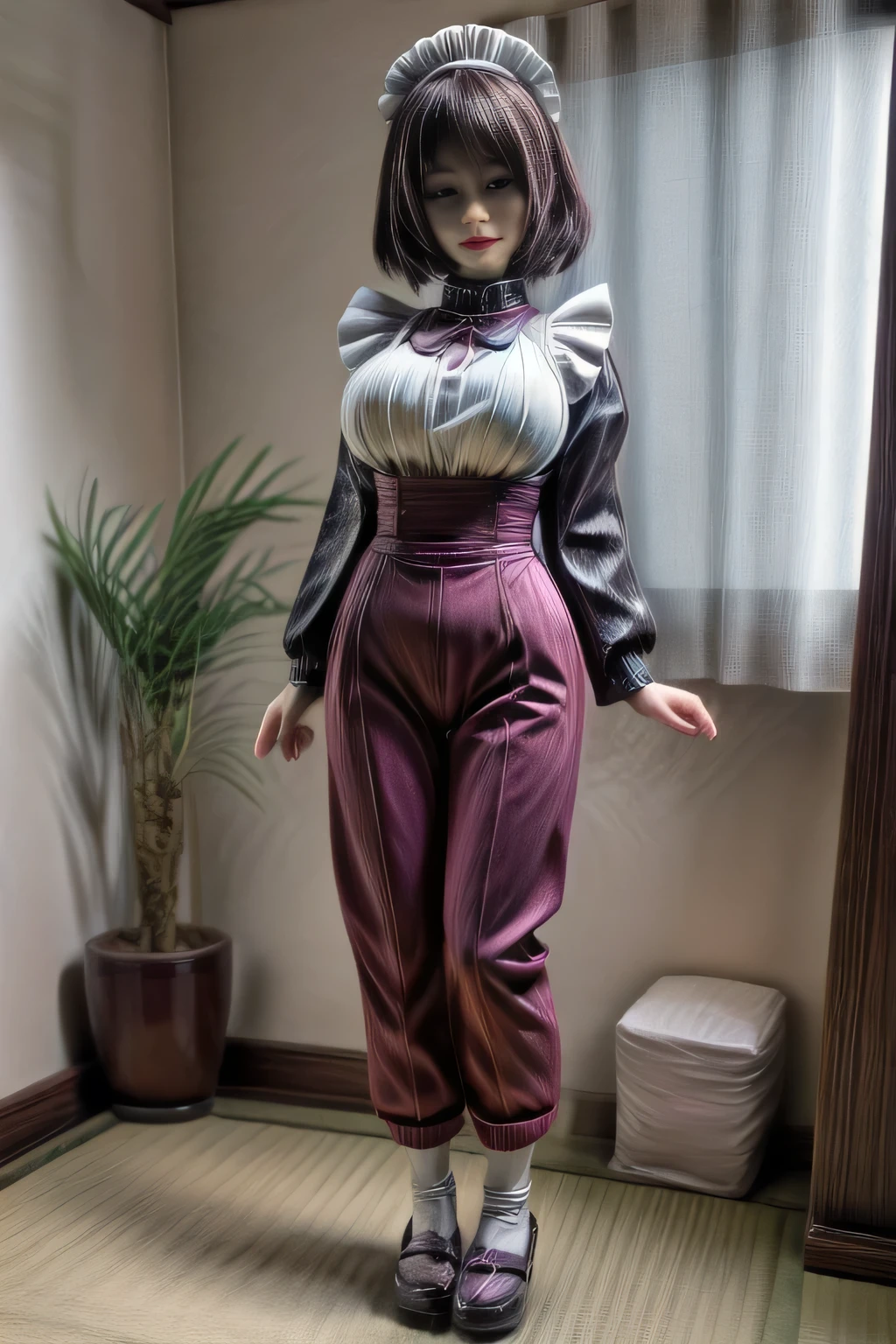 japanese milf wearing Maid Outfit, pants, long sleeve tops, standing, full body shot