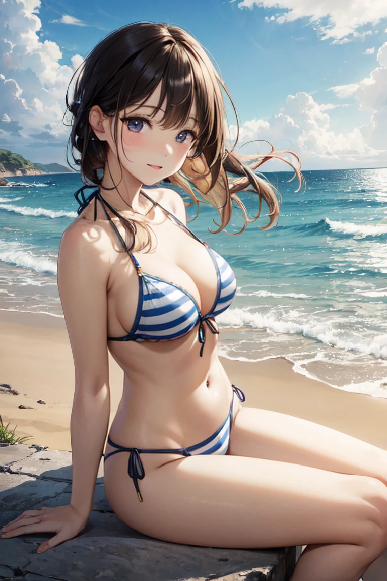 very cute and beautiful girl,(highly detailed beautiful face),(floral frilled white bikini),sweat,wet,waterdrop, sitting,open legs,sandy beach,tropical resort,(smile),looking at viewer,black hair, (best quality,masterpiece),absurdres,highres,ultra-detailed,extremely detailed,32k, cinematic scene,detailed background,solo,dynamic angle, hair fluttering in the wind,beautiful detailed sky,(realistic,photorealistic),