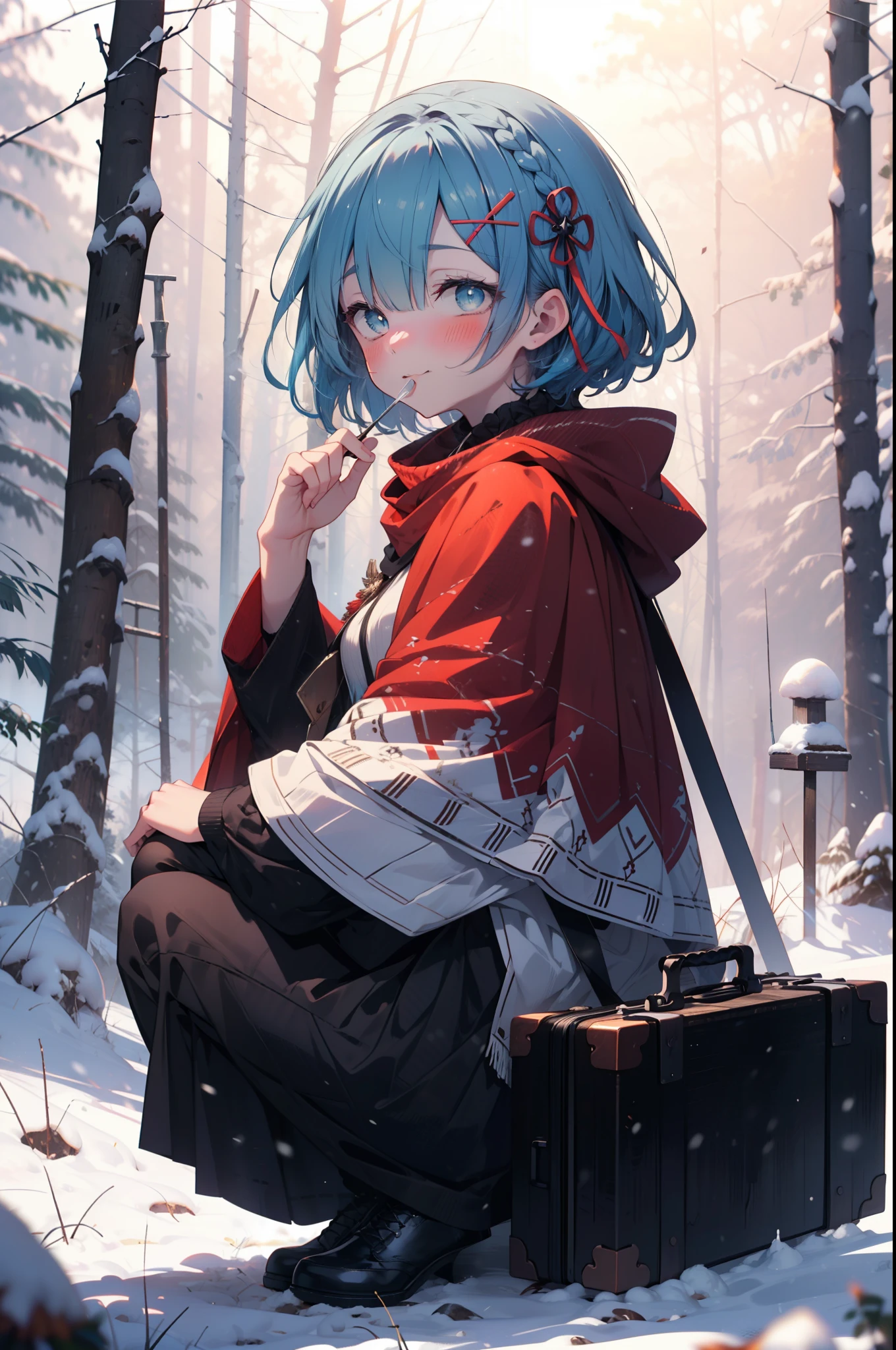 rezeroRem, Rem, blue eyes, Blue Hair, hair ornaments, Hair in one eye, Hair Ribbon, short hair, x hair ornaments,smile,blush,White Breath,
Open your mouth,snow,Ground bonfire, Outdoor, boots, snowing, From the side, wood, suitcase, Cape, Blurred, forest, White handbag, nature,  Squat, Mouth closed, Cape, winter, Written boundary depth, Black shoes, red Cape break looking at viewer, Upper Body, whole body, break Outdoor, forest, nature, break (masterpiece:1.2), highest quality, High resolution, unity 8k wallpaper, (shape:0.8), (Beautiful and beautiful eyes:1.6), Highly detailed face, Perfect lighting, Extremely detailed CG, (Perfect hands, Perfect Anatomy),