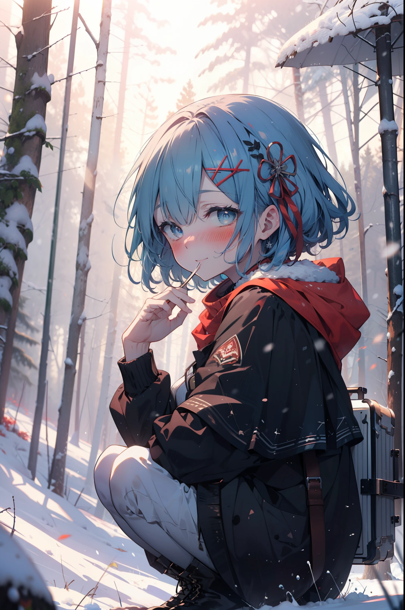 rezeroRem, Rem, blue eyes, Blue Hair, hair ornaments, Hair in one eye, Hair Ribbon, short hair, x hair ornaments,smile,blush,White Breath,
Open your mouth,snow,Ground bonfire, Outdoor, boots, snowing, From the side, wood, suitcase, Cape, Blurred, forest, White handbag, nature,  Squat, Mouth closed, Cape, winter, Written boundary depth, Black shoes, red Cape break looking at viewer, Upper Body, whole body, break Outdoor, forest, nature, break (masterpiece:1.2), highest quality, High resolution, unity 8k wallpaper, (shape:0.8), (Beautiful and beautiful eyes:1.6), Highly detailed face, Perfect lighting, Extremely detailed CG, (Perfect hands, Perfect Anatomy),