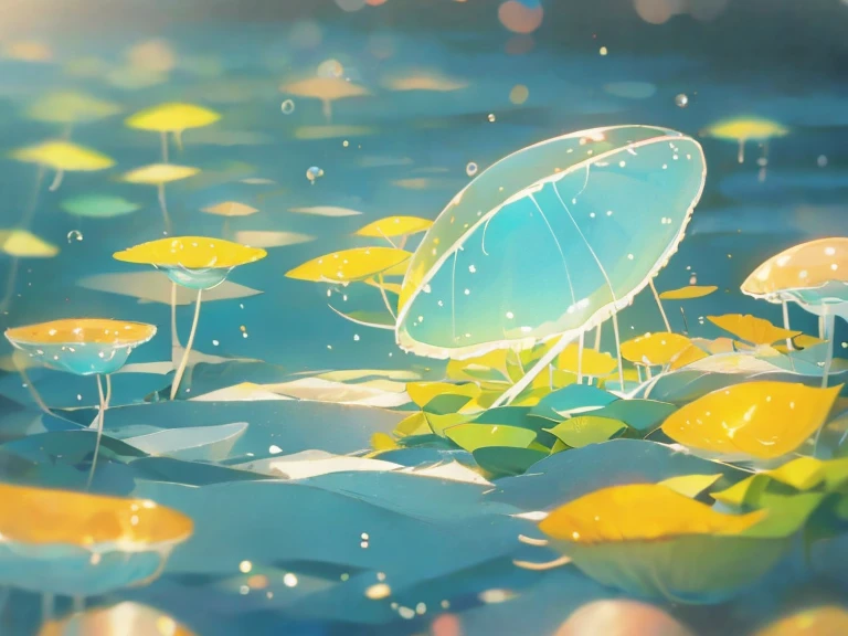 In the sea、Girl floating with jellyfish。fluffy。The overall color is light blue