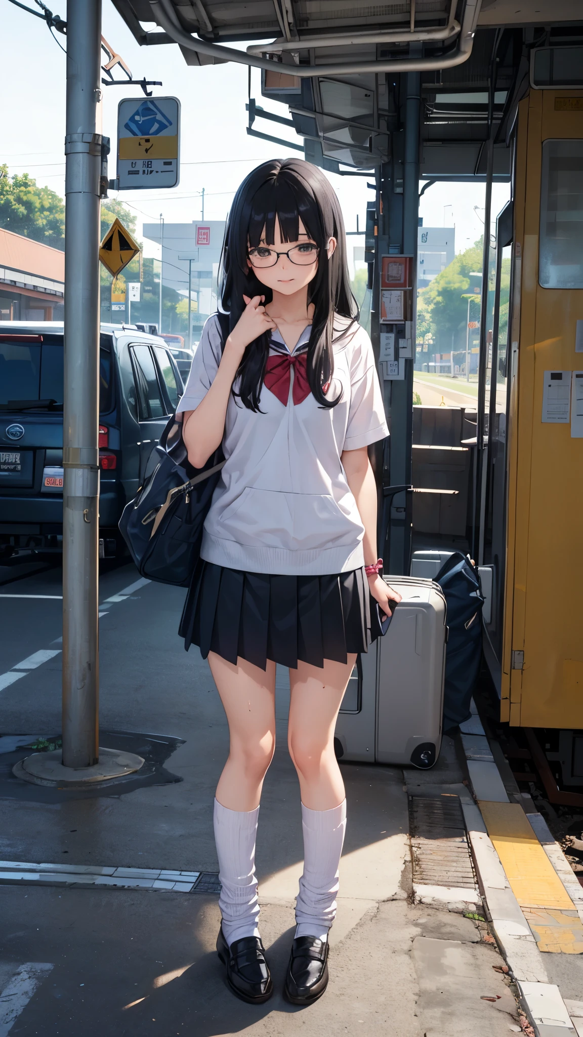 summer、Station platformでWaiting for the train、thick、Sweat、、high school girl、summer服のセーラー服、Student Bags、、Low length、(((((Eyes hidden by long bangs)))))、(((Long black hair:1.2 hair band)))(((Black-rimmed glasses:1.2 black eye)))、Strong sunlight、thicksummerの昼間、Station platform、Waiting for the train、Look at this、Front view、Full Body Shot、