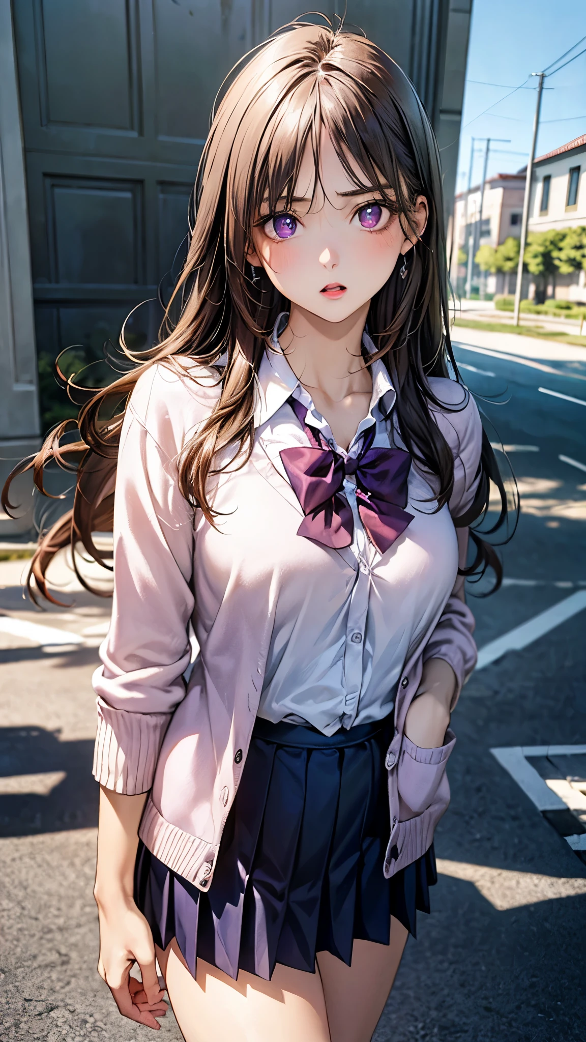 (masterpiece:1.2, top-quality), (realistic, photorealistic:1.4), beautiful illustration, (natural side lighting, movie lighting), depth of fields, pastel color, 
looking at viewer, cowboy shot, (from below), 1 girl, japanese, high school girl, perfect face, cute and symmetrical face, suntan, shiny skin, 
(long hair, straight hair, navy hair), crossed bangs, big eyes, purple eyes, long eye lasher, (large breasts), 
beautiful hair, beautiful face, beautiful detailed eyes, beautiful clavicle, beautiful body, beautiful chest, beautiful thigh, beautiful legs, beautiful fingers, 
break, (pastel blue cardigan), break, (white collared shirts), break, (deep violet pleated skirt), break, (pastel red bowtie), break, 
(beautiful scenery), (school gate:1.2), (hand on own chin), (serious look, :o),