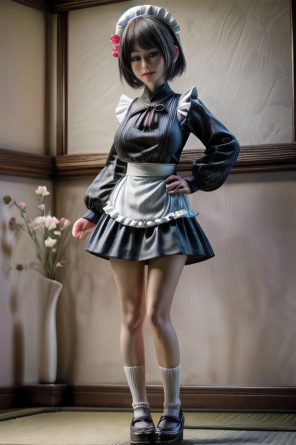 japanese milf wearing Maid Outfit, short pants, long sleeve tops, standing, full body shot