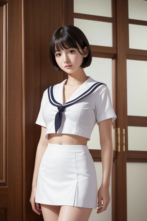 Photorealistic, Ultra-detailed, (Best Quality, 8K, 32K, masterpiece, UHD:1.2), Photo of 1970s erotic cute Japanese girl, summer sailor costume, short sleeve, pleated mini skirt, low-rise, navel, flat chest, (muscular, plump:1.3), short hair, upper teeth, outdoor, walking in train station platform, Eurostar, (stairs, from below:1.3),