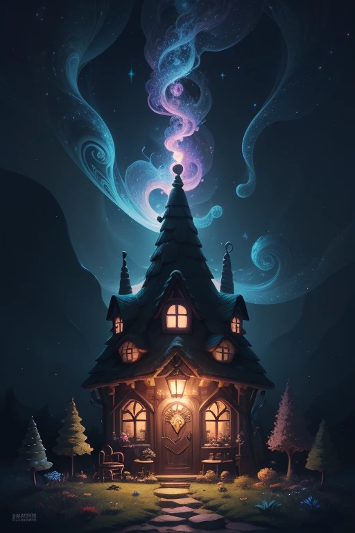 House of small and beautiful magical elves, In the magic wood, Illuminated by nebulae swirling in cosmic dust, cores escuras, digital art illustration, cores escuras, digital art illustration, simetria perfeita, aro iluminado, Pixar Studios, disco Rigido
