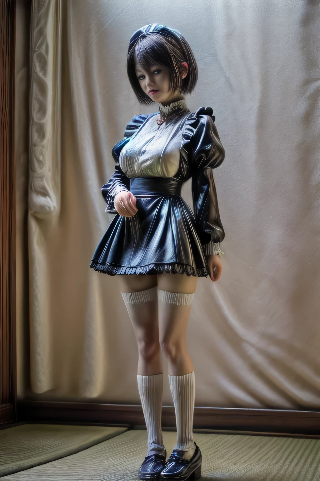 japanese milf wearing Maid Outfit, hot pants, long sleeve tops, standing, full body shot