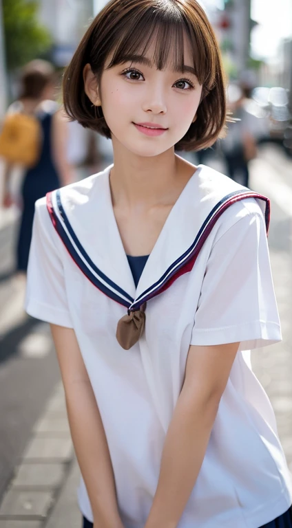 (highest quality,8K quality,masterpiece:1.3,),(超A high resolution:1.3,Realistic:1.4,RAW Photos:1.2),(Super detailed:1.2,Glowing Skin,Detailed skin:1.1),(Detailed face,Perfect Anatomy,Caustics:1.2), (Symmetrical eyes:1.3),1 girl,cute,Japanese,15 years old,(Sailor suit summer uniform)、(run and jump)、Japanese Ido,Natural brown hair,Short hair curled outwards,cute目,Natural Makeup,Oversized T-shirt,Laughter,Looking into the camera,On the face,Face Focus,Street Corner,Professional Writing,Natural soft light,Full Body Shot