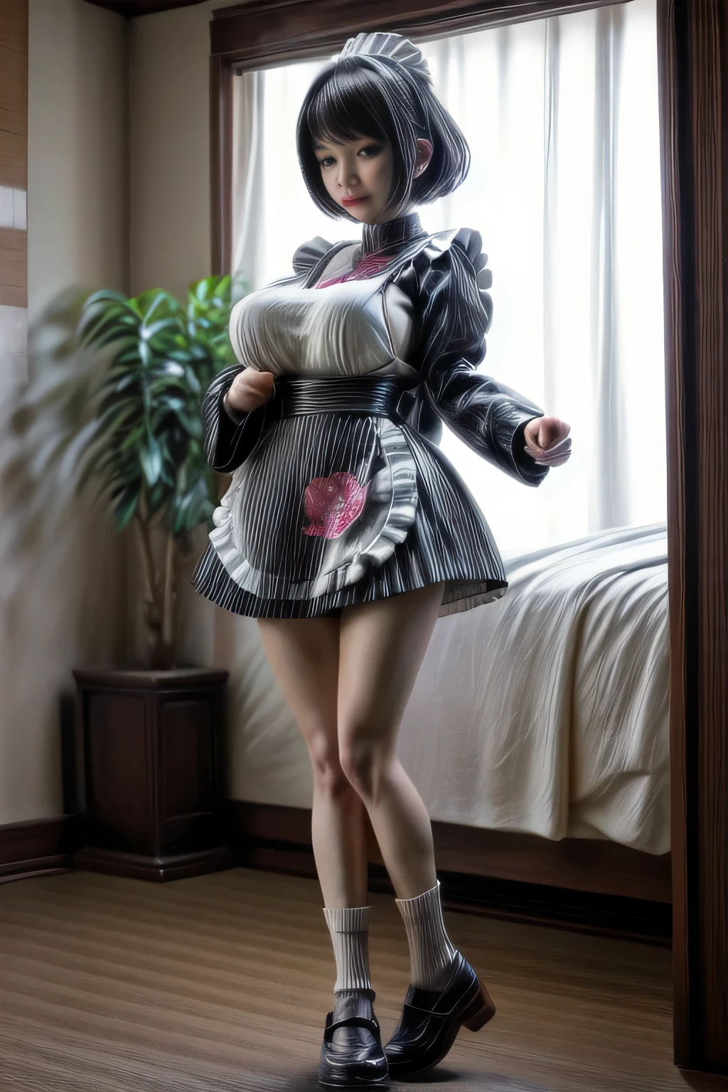 japanese milf wearing Maid Outfit, hot pants, long sleeve tops, standing, full body shot