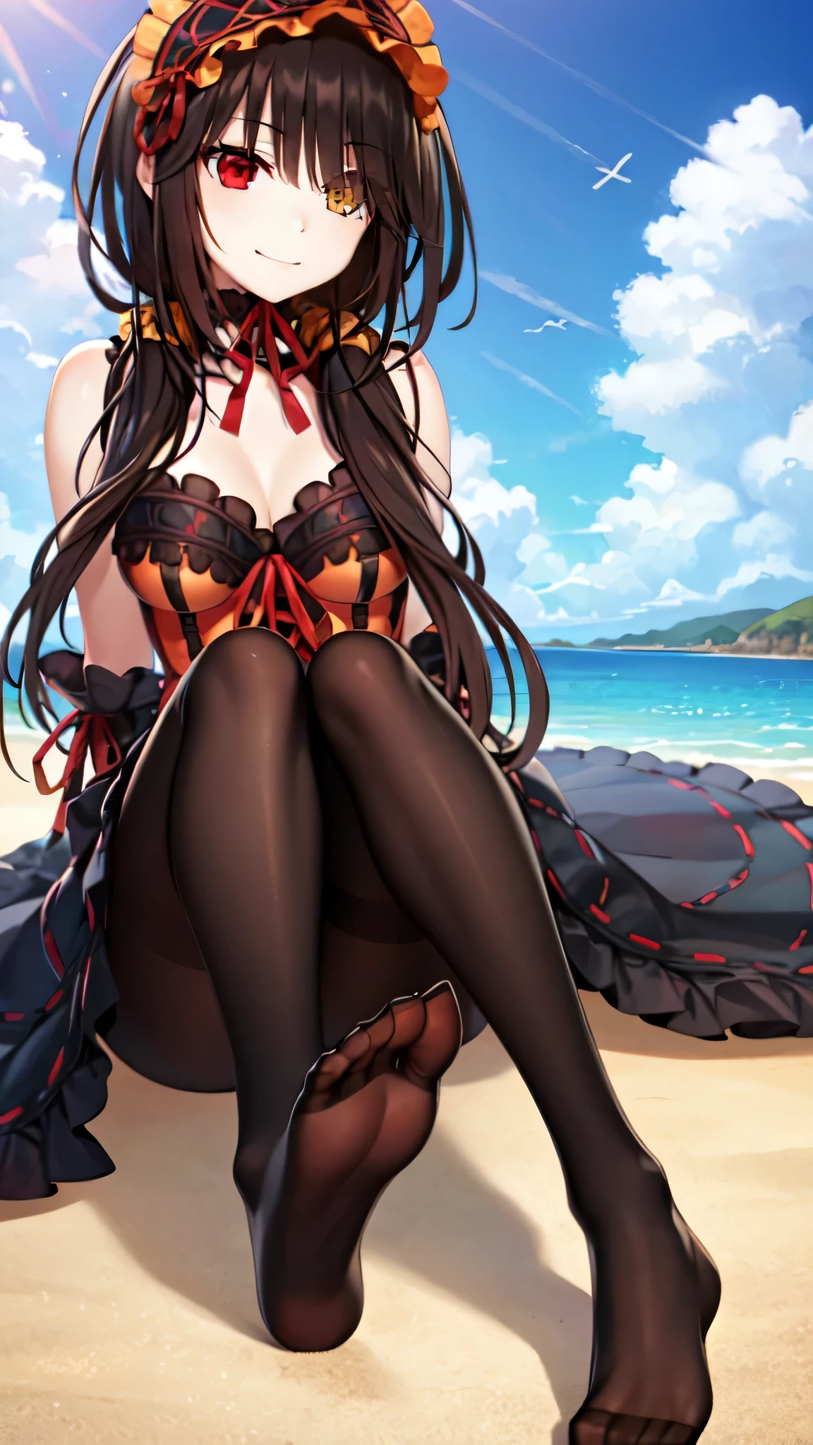 a masterpiece, best quality, 8k, photorealistic, 1 girl, beach, reaching forward, long black twin tails, (golden eyes:1.2), heterochromia, (red eyes:1.2), Kurumi Tokisaki, smiling, gothic lolita accessories, Victorian maid headdress, black ribbon, maid outfit，Sitting posture, （Lift the soles of your feet）（Black silk pantyhose）