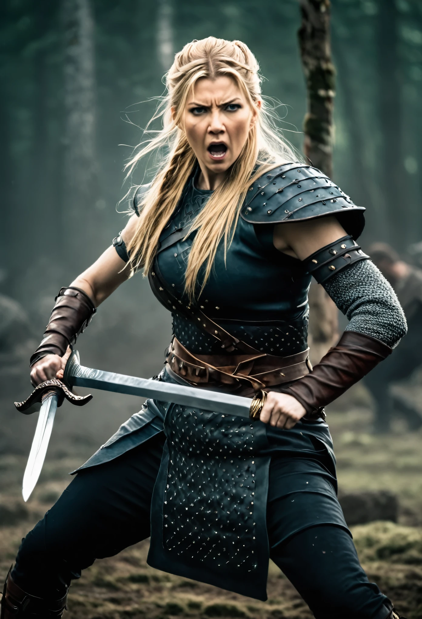 Katheryn Winnick as a Viking warrior, angry, in a combat stance, with a long sword in her hand, impress the character's expression of anger, impactful image, try to impress whoever is watching