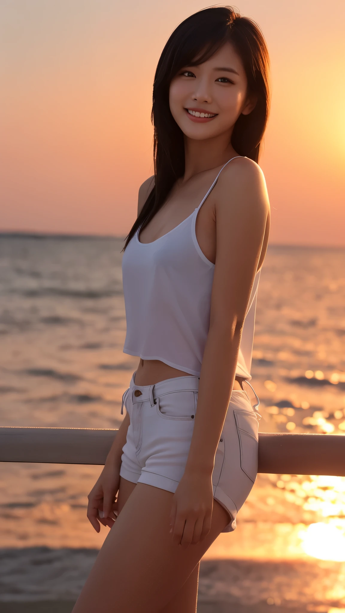 One girl, Photo Model, smile, Focus on your audience, Beautiful lighting, highest quality, masterpiece, Ultra-high resolution, Realistic, Black Hair, Short tank top, Shorts, Long Stockings, Medium chest, White skin,( Sunset background:1.4)