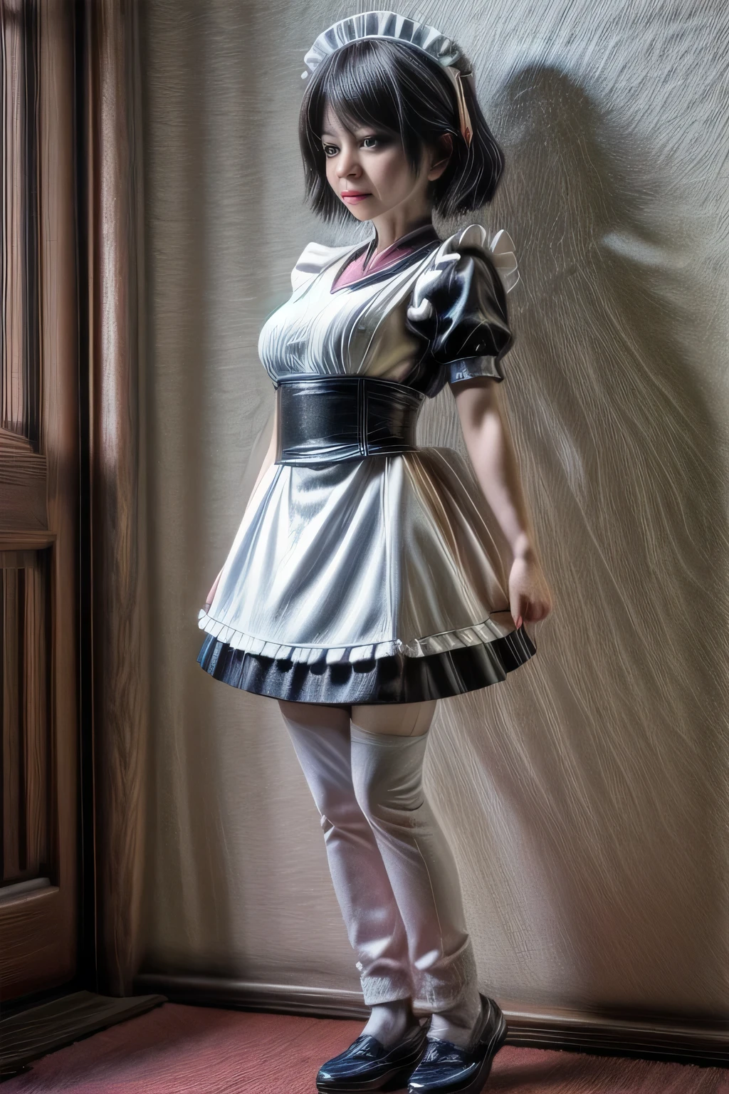 japanese milf wearing Maid Outfit, pants, short sleeve tops, standing, full body shot