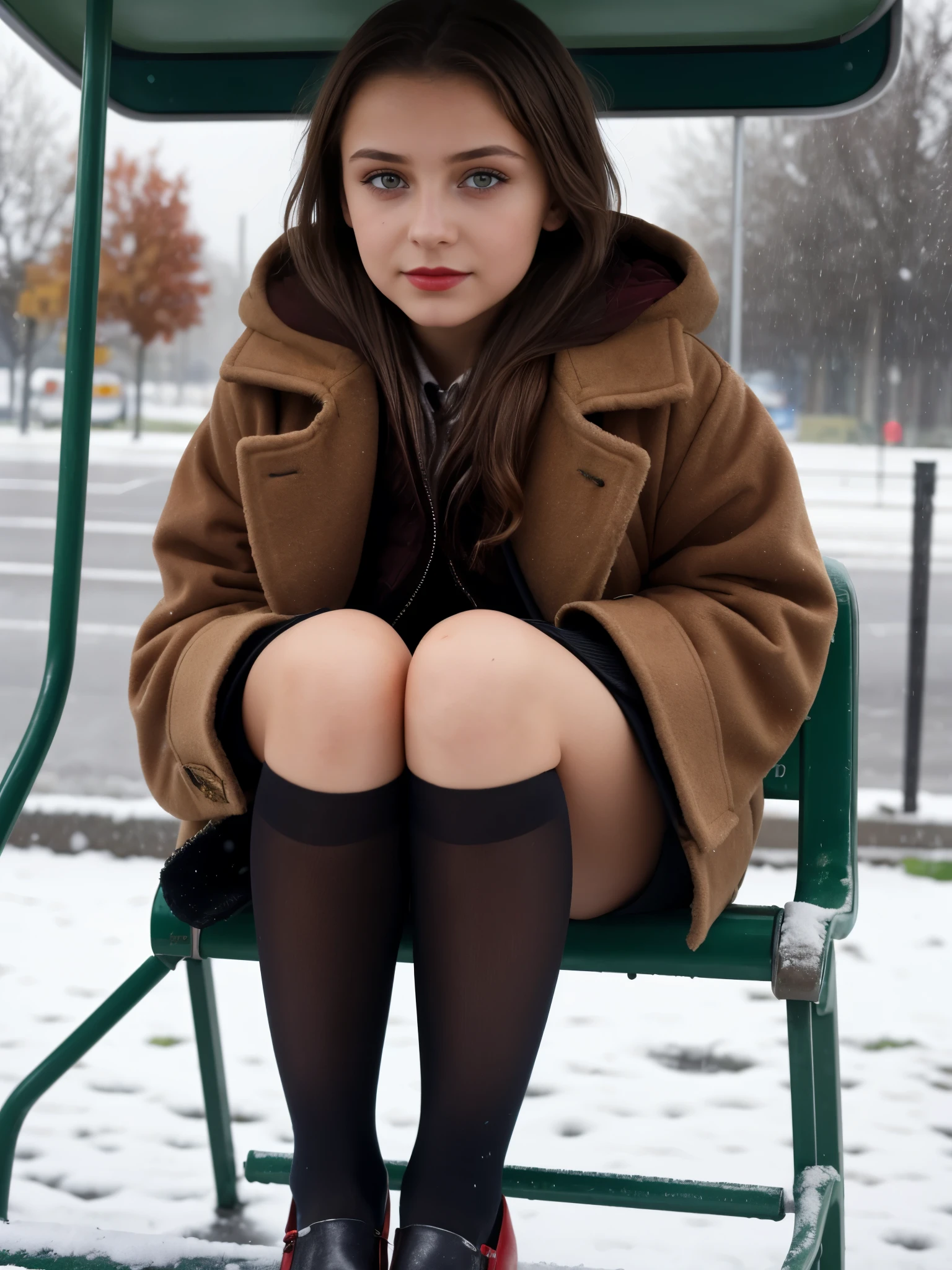 (((close up high definition))) beautiful 10 year old Bosnian girl, green eyes, red lipstick, facing the viewer, short dark brown hair, sitting at the bus stop, raining, winter coat, snowing, morning sun reflections, perfect makeup, poverty theme, full body theme, short skirt, pantyhose