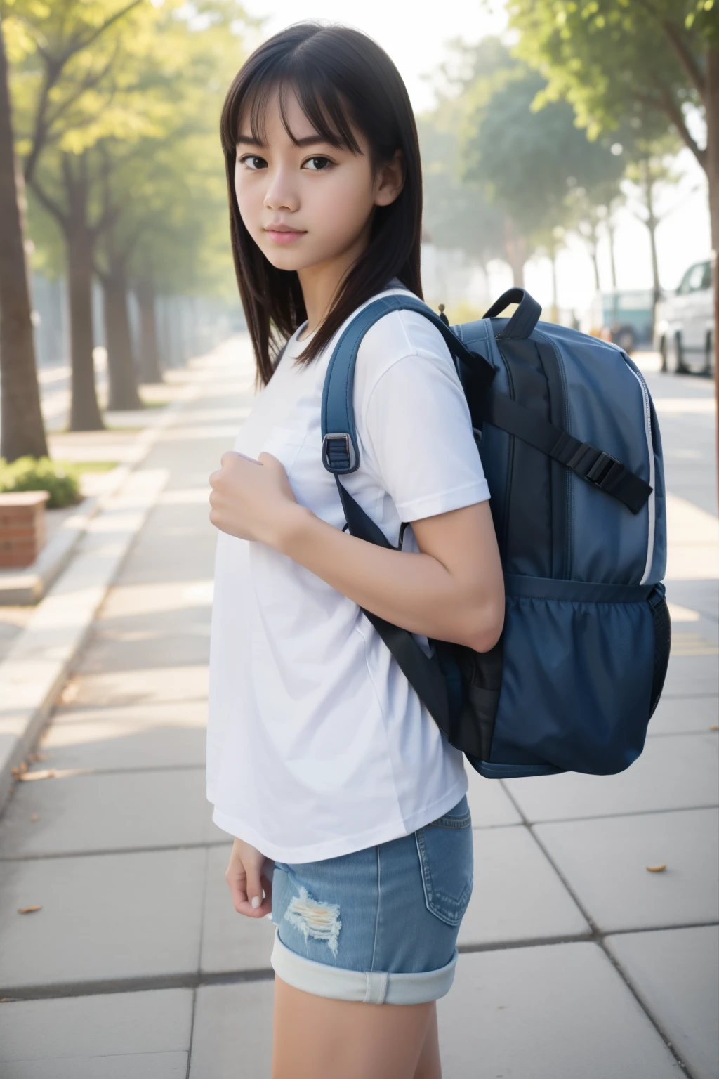 Masterpiece, realistic, hd, 1 girl, wear white shirt, short sleeves, wear denim minipants, wear sneakers, standing, fullbody, wearing  school backpack, (school backpack:1.2), daytime, sunlight, park