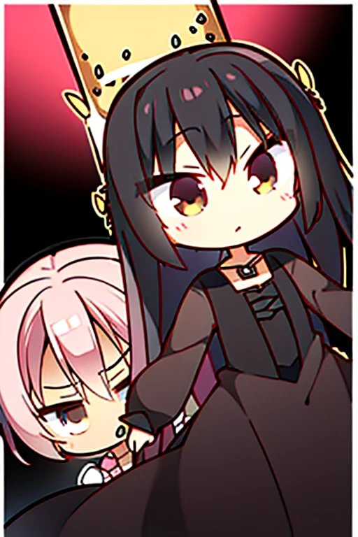 A black haired woman with brown eyes in an hourglass figure in a cute dress is exploring a haunted house with a pink haired friend