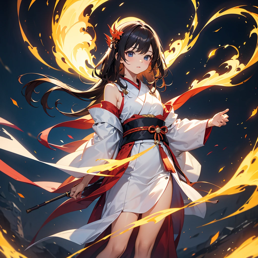 Japanese drum、highest quality、Masterpiece、Official Art、The best composition、Japanese drumを叩く美少女、Wearing a white cloth wrapped around his chest、The kimono is exposed on one shoulder.、Standing with your feet apart and your feet firmly planted on the plateau、spirit、Engulfed in flames、Fractal art of flames、Neon butterfly々is lighting up the night sky