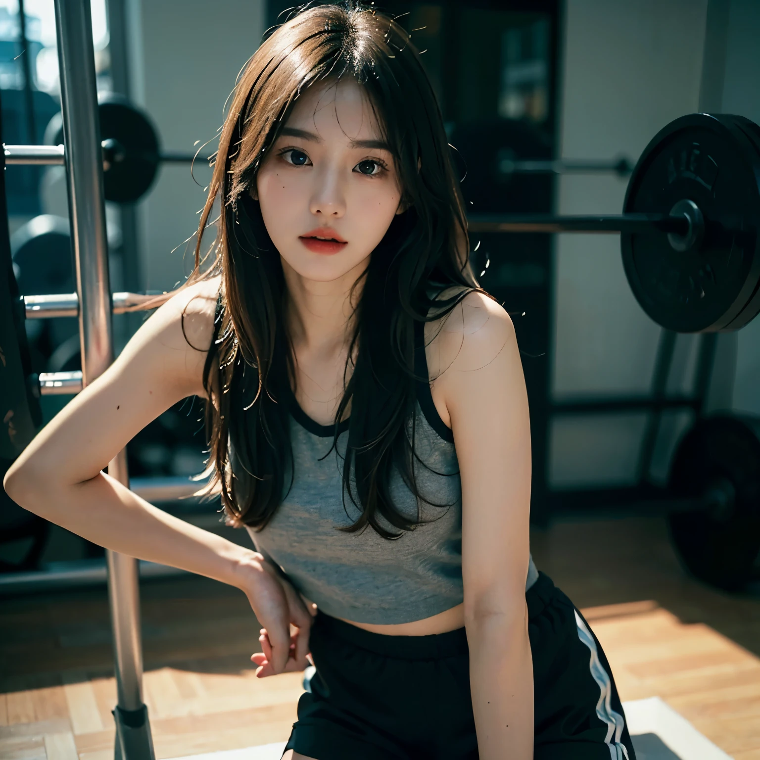 (Best quality, 8k, Masterpiece :1.3)), 1girl, Pretty woman with slender abs, (Long hair, Ultra-detailed face, Detailed eyes, Double eyelid, sport short pants, extremely short short pants, korean girl, soft lighting, depth of field, sexy pose, gym,
