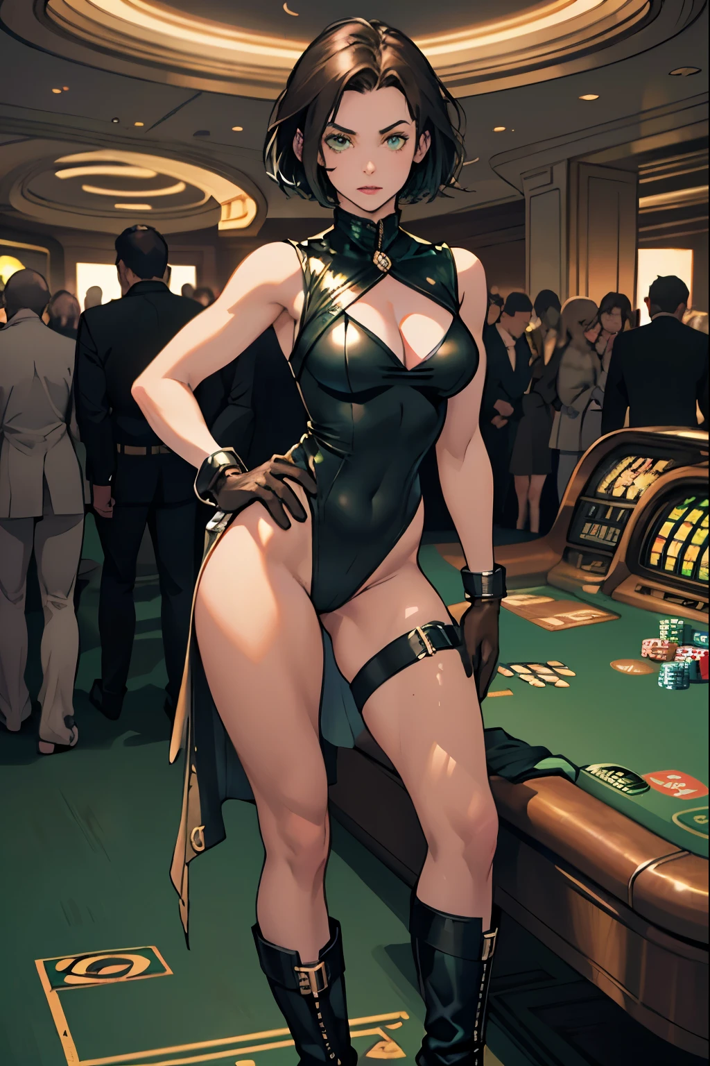 One girl, Mature Adult, Dark brown hair, Silver Leotard, barefoot, boots, gloves, Hands on hips, casino, bracelet, Green Eyes, alone, single, Bob Hair