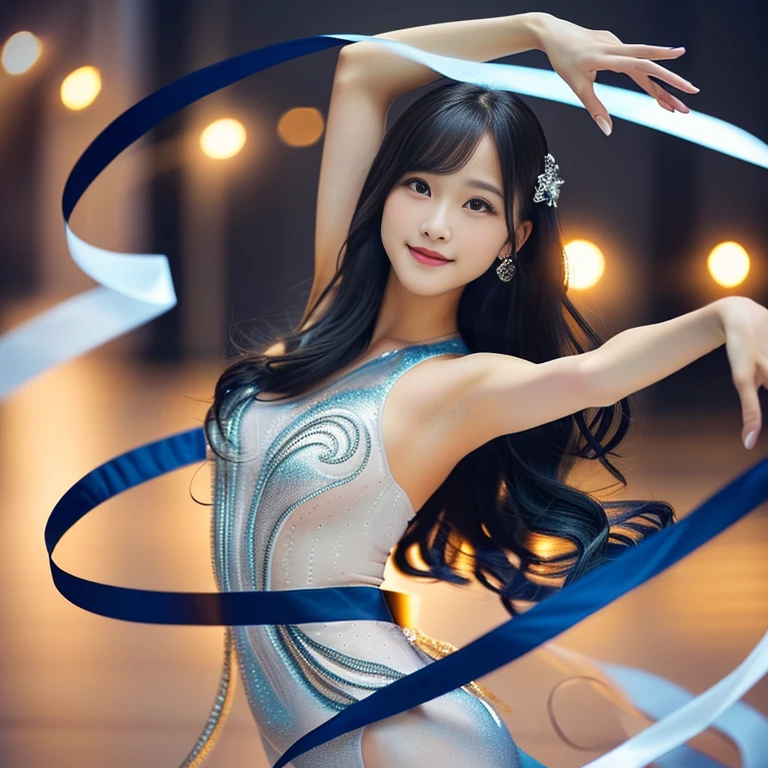 Photo-realistic quality、A 20-year-old idol wearing a light gray rhythmic gymnastics leotard with a sheer look,Elegant girl, Rhythmic gymnastics ribbon performance pose, White ribbon、Rotations and Curves, cute japanese model、looking at the camera、A soft and gentle look、Cute Smile