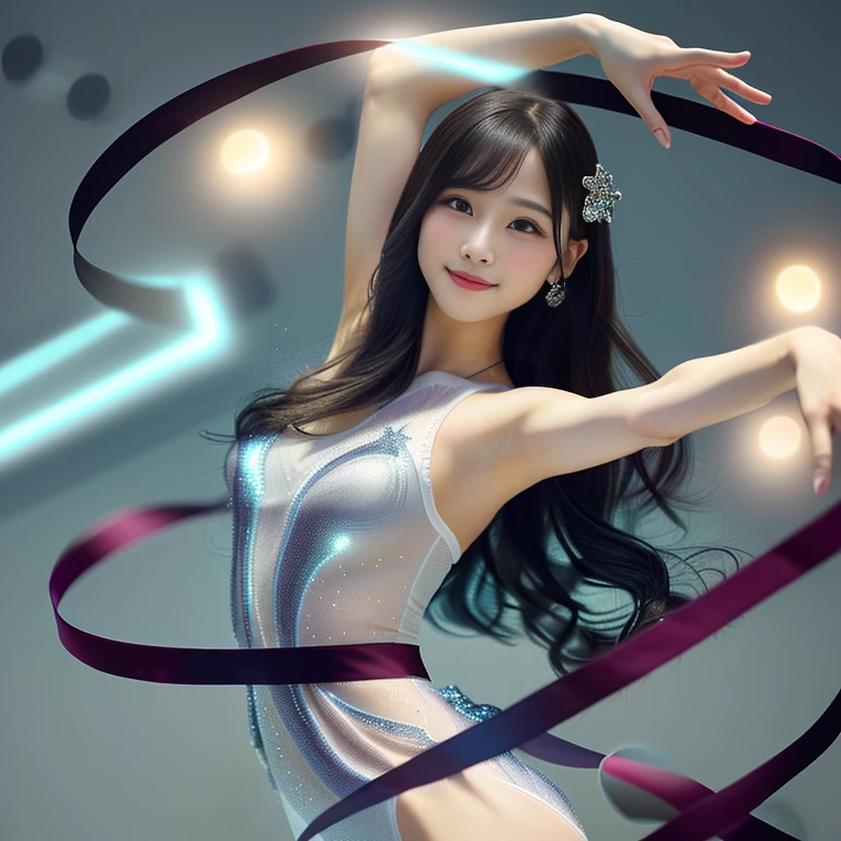 Photo-realistic quality、A 20-year-old idol wearing a light gray rhythmic gymnastics leotard with a sheer look,Elegant girl, Rhythmic gymnastics ribbon performance pose, White ribbon、Rotations and Curves, cute japanese model、looking at the camera、A soft and gentle look、Cute Smile