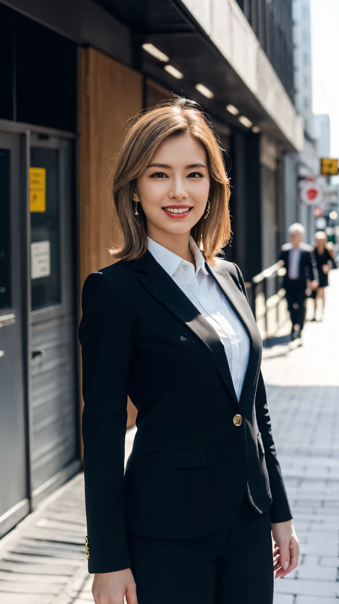 (8k, RAW Photos, highest quality, masterpiece: 1.2), (Realistic, photoRealistic: 1.37), 1 Woman in a suit standing on the sidewalk, Cityscape, Day, Sunny Morning, Professional Lighting, Photon Mapping, Radio City, Brazilian Women, Torn, shirt, Woman in a suit, Silk Suit，The best smile:1.5，Silver Hair:1.5