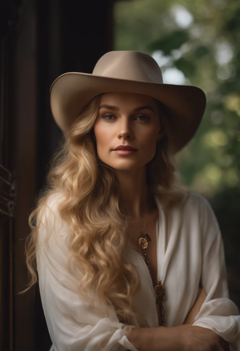 Portrait hyperréaliste de femme par David Hockney et Alphonse Mucha,art fantastique, Realistic photo, dynamic lighting, Station artistique, affiche, volumetric lighting, highly detailed faces, 4k, prime,, 1fille, dans le noir, ombre profonde, discret,tir de cow-boy,(Official clothing:1.4) ,cheveux longs,cheveux blancs,