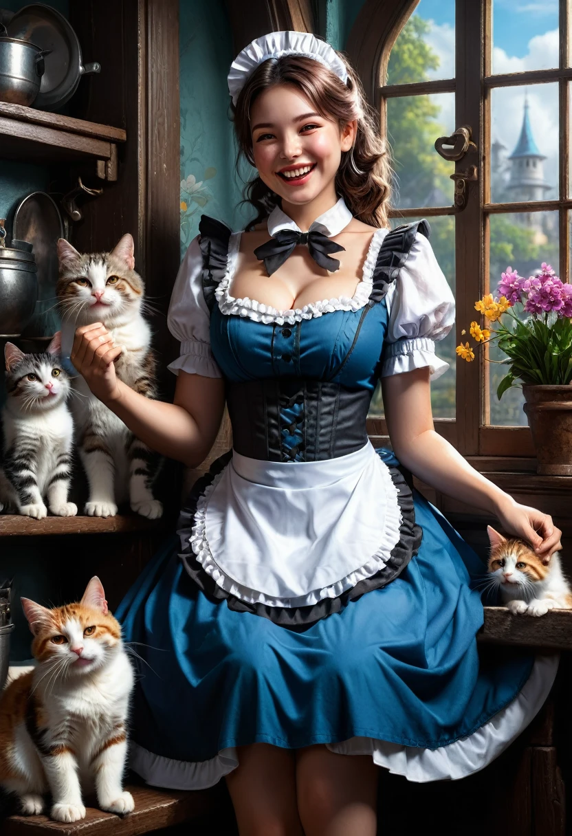 Maid Outfit, A sweet curvy girl in a maid outfit laughing with her kitties, detailed matte painting, deep color, fantastical, intricate detail, splash screen, complementary colors, fantasy concept art, 8k resolution trending on Artstation Unreal Engine 5