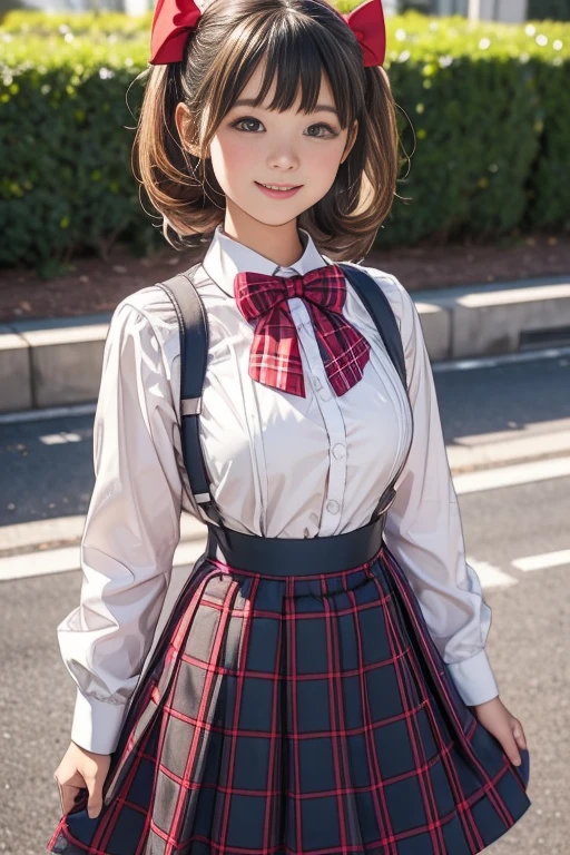  girl.................,, in front of the school、Connect to skirt with suspenders、White shirt with long sleeves、Plaid skirt , nice and cute, Innocent smile, , Lovely smile 、 with short bob、Pose cutely , 8 year old , bts , red knot , red bow , twin tails hair , waistband of skirt is at the point above chest