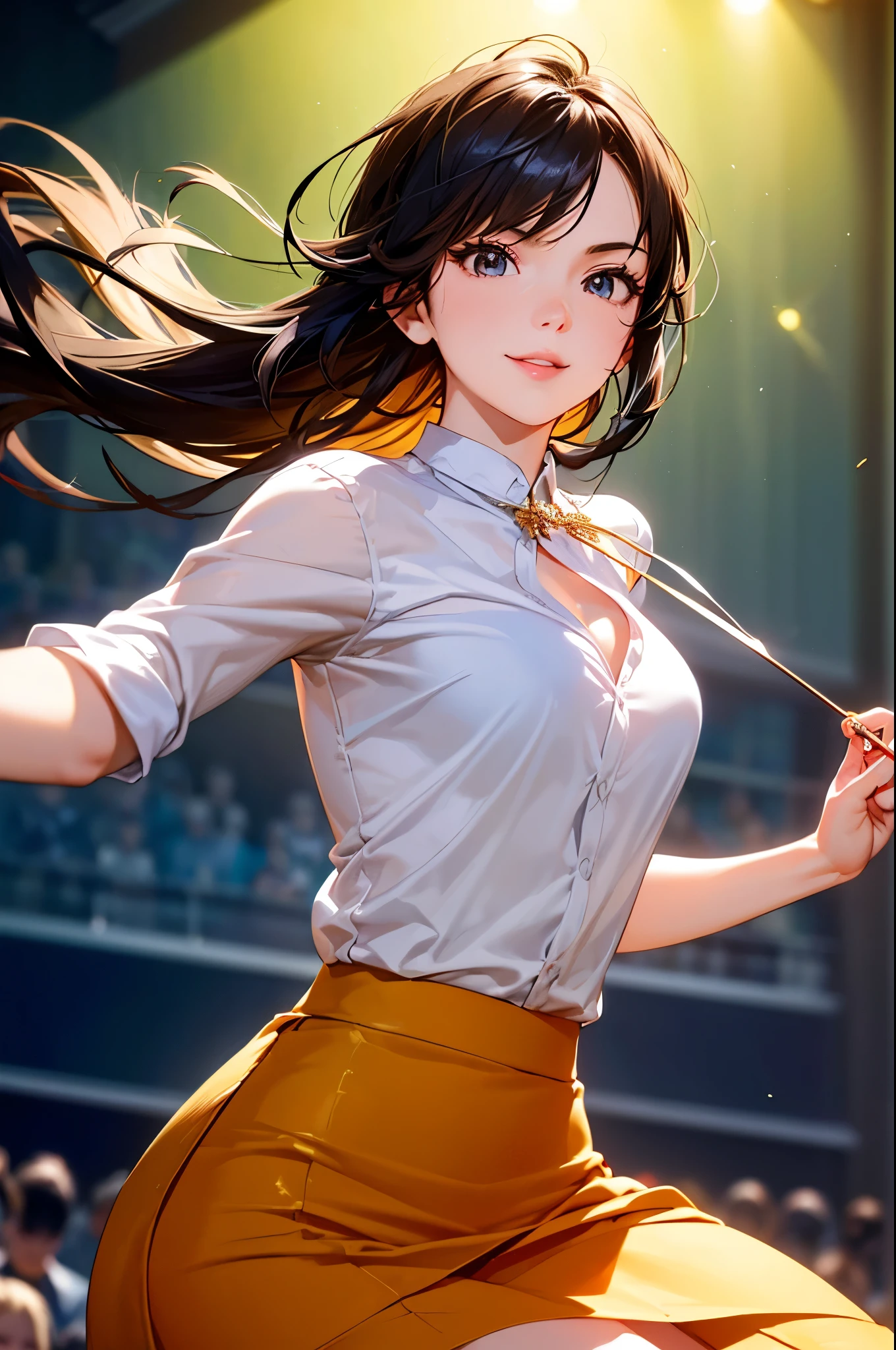 ((Biologically correct limb count))、(( Illustrations including faces))、4K、Masterpiece、((Focus on the face))、((Symmetrical, well-proportioned facial features))、Eyes with delicate depictions、Beautiful woman、Outstanding style、Slender Body、(shirt、High heels、((skirt)))、(Looking up、smile)、((Upper body close-up))、The background is a concert hall、((Realistic photo))、profile、((Fantastic photos)))、live、Idol